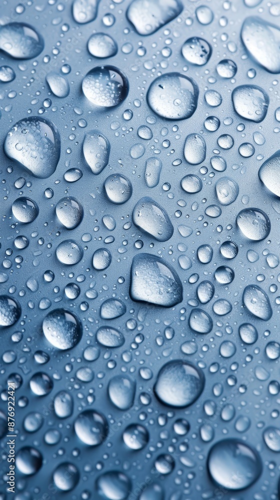 Close-Up of Water Droplets on a Smooth Blue Surface Close-Up of Water Droplets on a Smooth Blue Surface