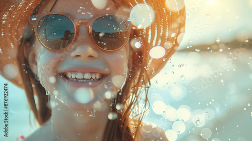  Close up of a happy young ginger girl with a summer hat and sunglasses smiling at the camera, splashing in the sea on the beach. Bright sunny day, bokeh background. Cinematic look through water drops