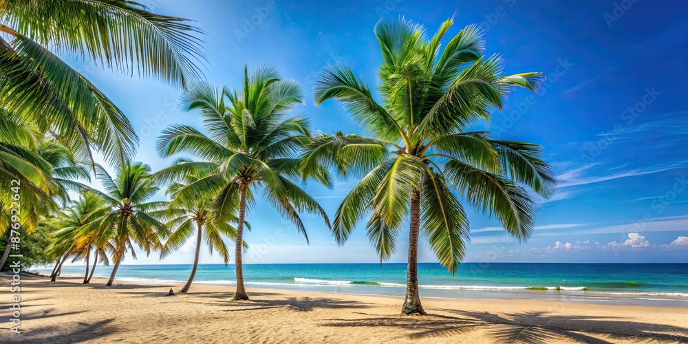 Tropical beach with palm trees setting against a clear blue sky , Paradise, vacation, ocean, sand, destination Tropical beach with palm trees setting against a clear blue sky , Paradise, vacation, ocean, sand, destination