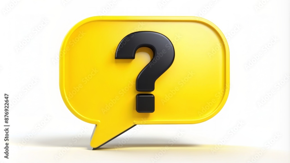 Whimsical illustration of bright yellow speech bubble containing large black question mark against white background with subtle gradient effects. Whimsical illustration of bright yellow speech bubble containing large black question mark against white background with subtle gradient effects.