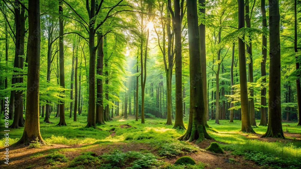 Naklejka premium Lush green forest filled with tall trees, nature, woodland, foliage, environment, outdoors, tranquility, growth, wilderness