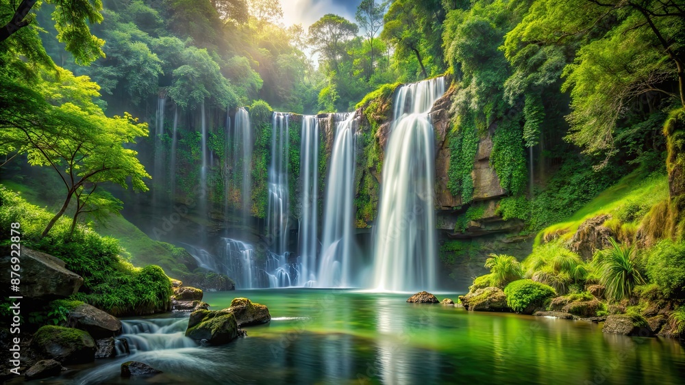 Fototapeta premium A stunning waterfall surrounded by lush green forest , Nature, trees, river, cascade, flowing, tranquil, serene