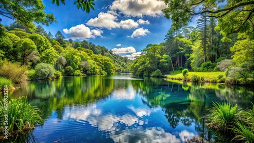 Tranquil lake surrounded by lush greenery in a national park, serene, nature, landscape, scenic, reflection