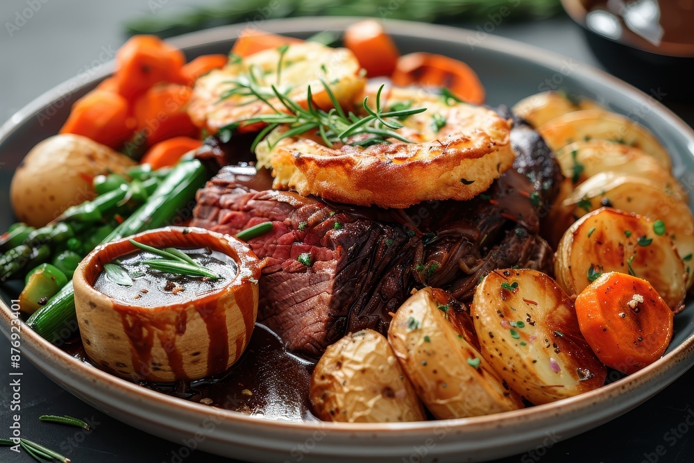 A dish of full English roast dinner, including roast beef, roast potatoes, Yorkshire puddings, and an assortment of vegetables, all topped with gravy. A dish of full English roast dinner, including roast beef, roast potatoes, Yorkshire puddings, and an assortment of vegetables, all topped with gravy.
