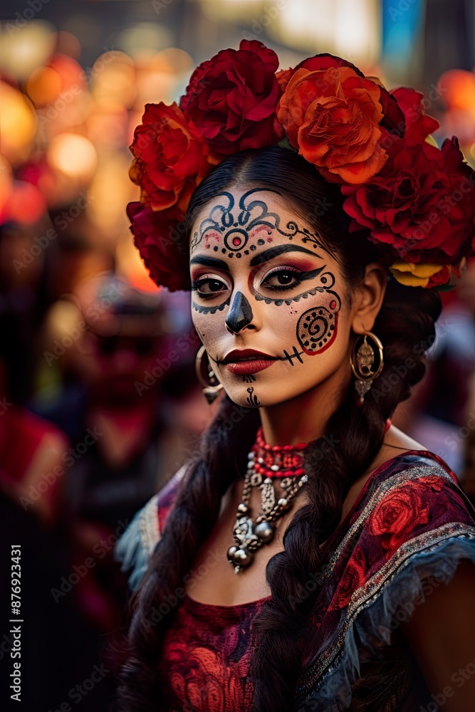 Portrait of a beautiful woman in red on mexico's day of the dead in the street Portrait of a beautiful woman in red on mexico's day of the dead in the street