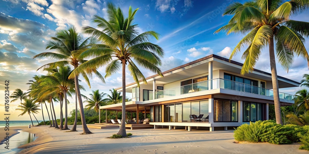 Fototapeta premium Tranquil beach house with beautiful palm trees, beach, house, palm trees, relaxation, vacation, ocean, serene, tropical