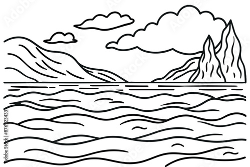 Mountain lake graphic black white landscape sketch illustration vector