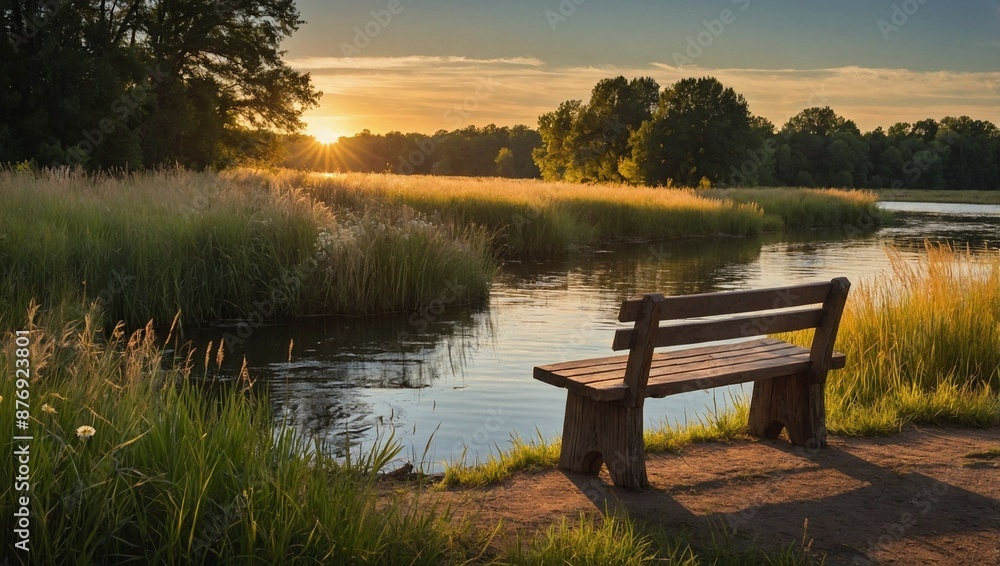 A rustic wooden bench positioned A rustic wooden bench positioned