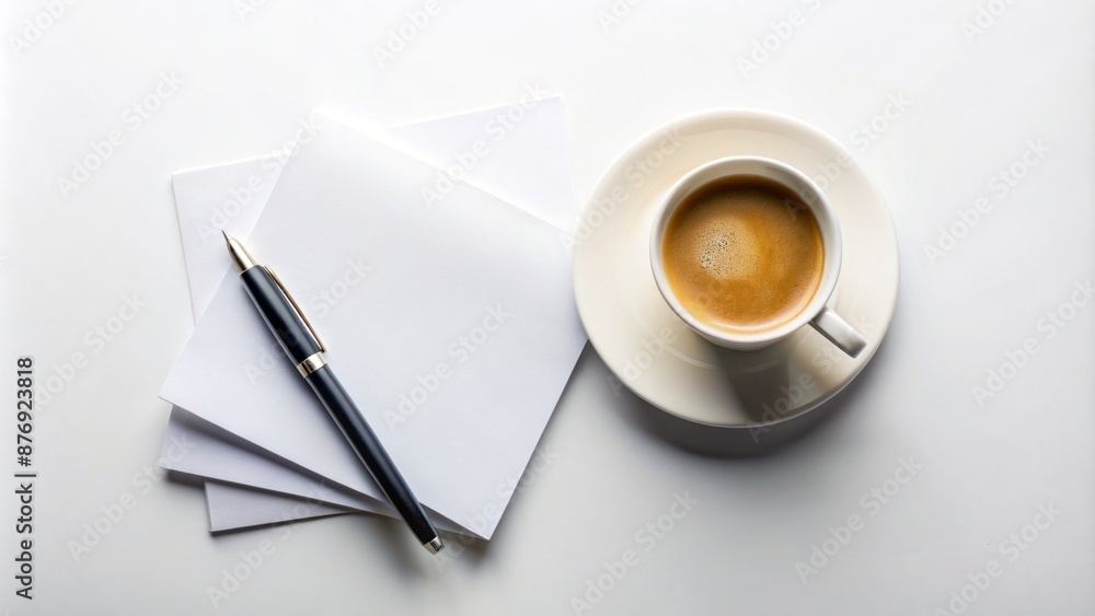White cup of coffee and a few sheets of paper with a pen on a white background, symbolizing a busy female freelancer's workspace. White cup of coffee and a few sheets of paper with a pen on a white background, symbolizing a busy female freelancer's workspace.
