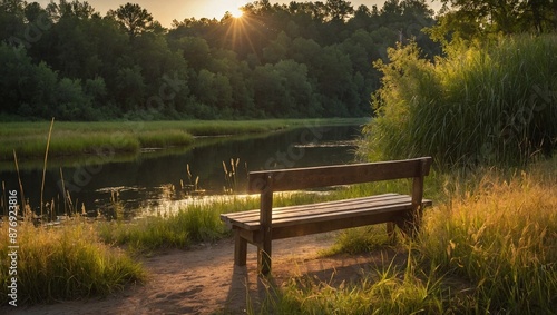 A rustic wooden bench positioned