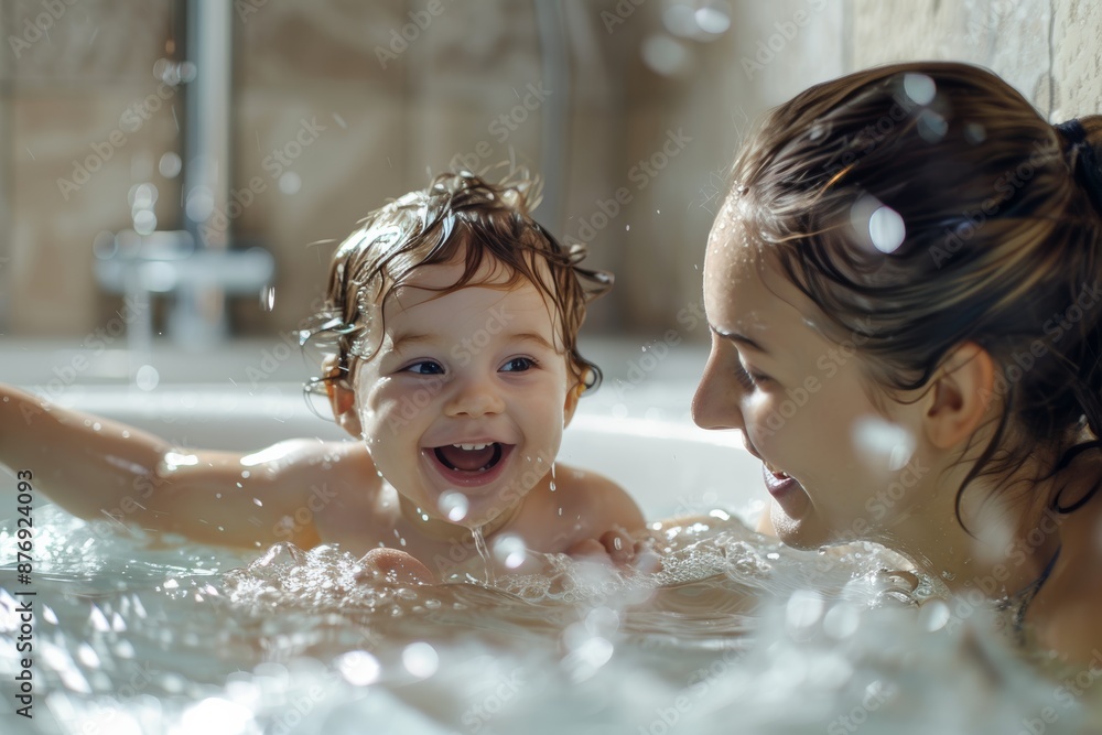 Splashy fun with mom: Baby's laughter lights up bath time Splashy fun with mom: Baby's laughter lights up bath time