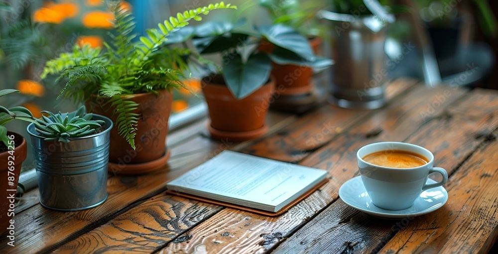 A coffee cup and book on a wooden table. A coffee cup and book on a wooden table.