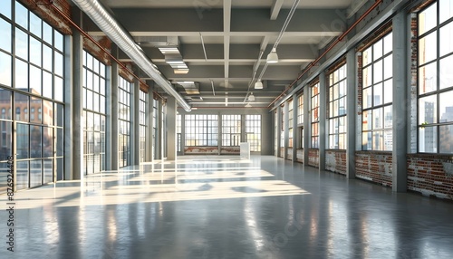 Bright and airy interior empty industrial nave offices with large windows and high ceilings , sunlight streaming in