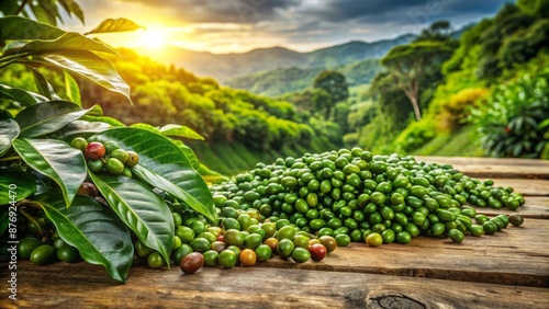 Wallpaper Mural Vibrant green coffee beans scatter the rustic wooden table amidst lush foliage in a Colombian coffee plantation morning scene. Torontodigital.ca