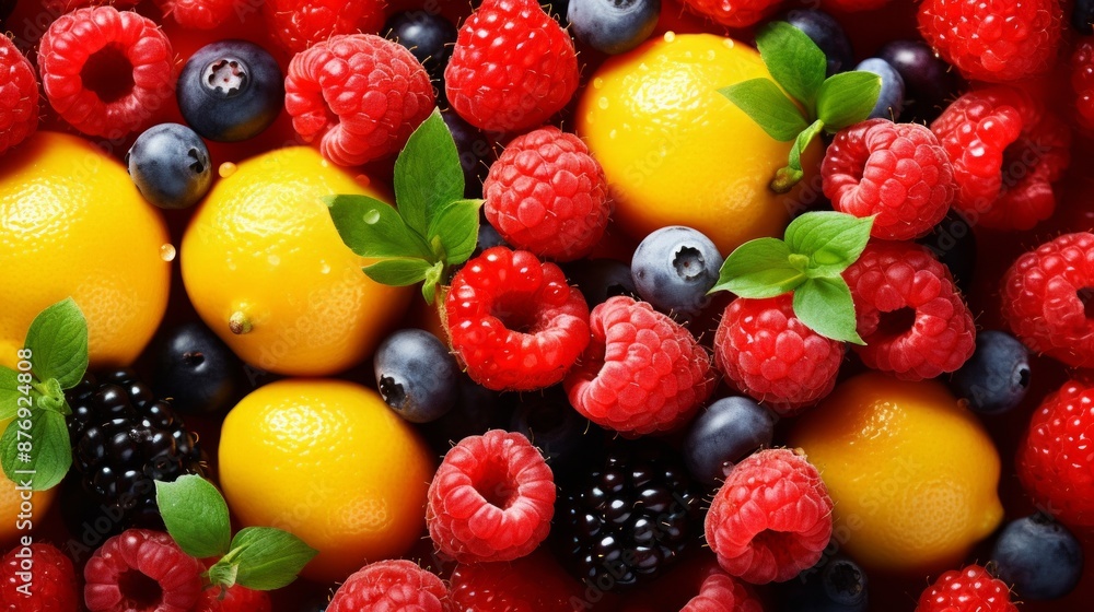 Fresh berries and lemons with green leaves mixed together healthy eating concept vibrant summer fruits refreshing colorful contrast vitamin-packed food fresh raspberries blueberries blackberries Fresh berries and lemons with green leaves mixed together healthy eating concept vibrant summer fruits refreshing colorful contrast vitamin-packed food fresh raspberries blueberries blackberries
