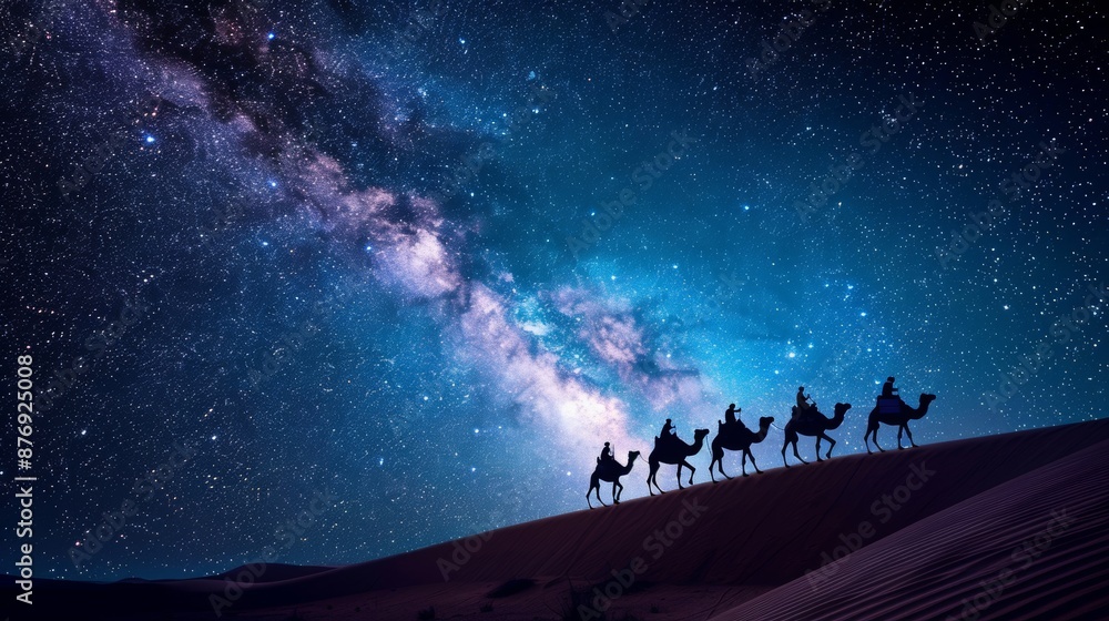 Fototapeta premium Tribal camel caravans traveling through vast desert landscapes It is silhouetted against the starry night sky decorated with the Milky Way.