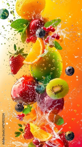 Fresh fruits in water splash isolated tropical summer refresh vibrant healthy eating concept