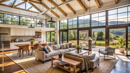 Modern Living Room With Vaulted Ceiling And Large Windows Overlooking A Beautiful Mountain Landscape.