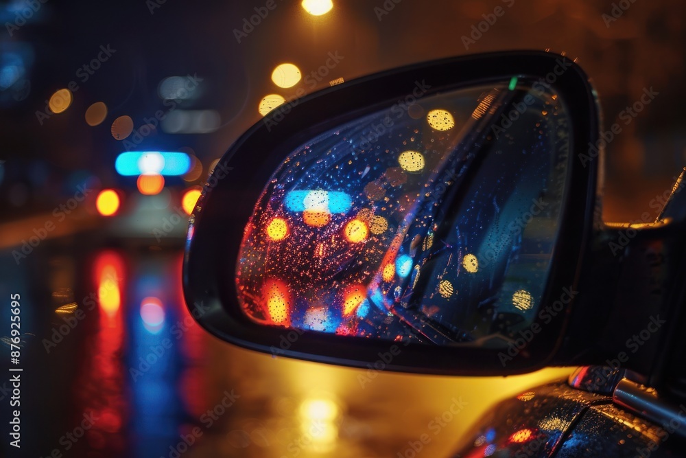 closeup of suspects car mirror, police lights in reflection closeup of suspects car mirror, police lights in reflection