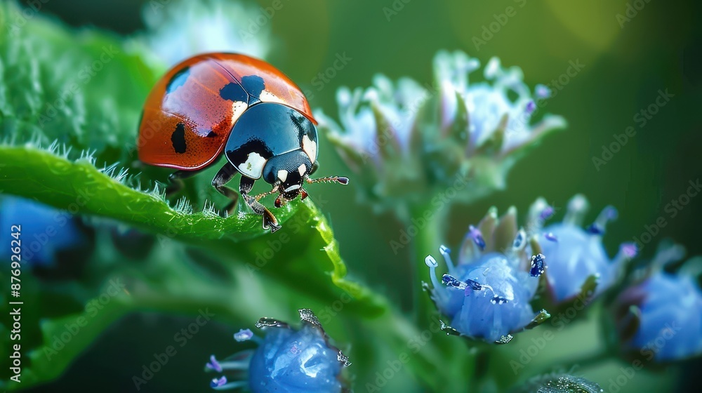 Fototapeta premium A detailed close-up shot of a vibrant ladybug perched on a leaf adjacent to blue flowers, highlighting the contrast of colors and intricate details in a natural setting.
