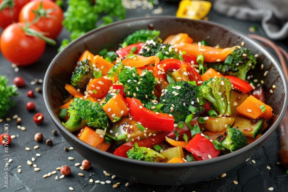 Stir-Fried Vegetables with Sesame in a Bowl: Healthy Asian Food Close-Up Stir-Fried Vegetables with Sesame in a Bowl: Healthy Asian Food Close-Up