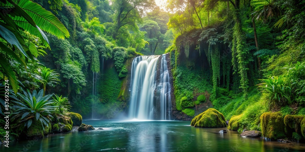 Serene waterfall surrounded by lush jungle foliage, Waterfall, Jungle, Nature, Tropical, Rainforest, Scenic, Beauty Serene waterfall surrounded by lush jungle foliage, Waterfall, Jungle, Nature, Tropical, Rainforest, Scenic, Beauty