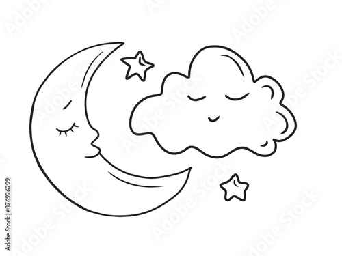 Beautiful cute moon, cloud and stars with eyes sleeping in black isolated on white. Hand drawn vector sketch illustration in doodle engraved vintage line art style. Children slumber, sleep.