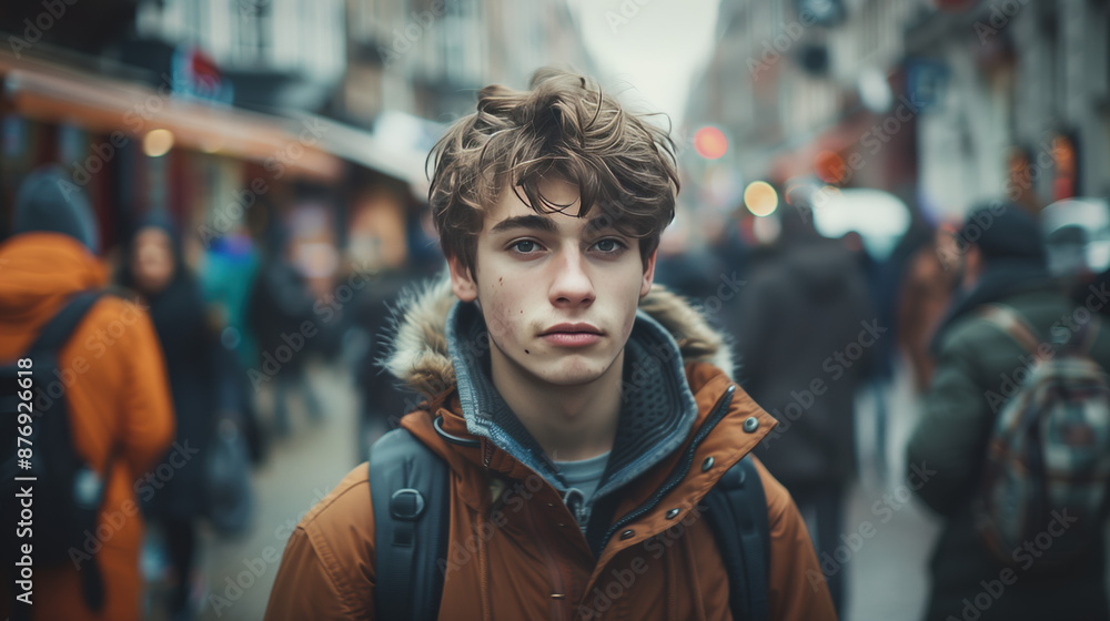 Obraz premium Confident Teenager Standing Out in Urban Crowd with Sharp Contrast Background