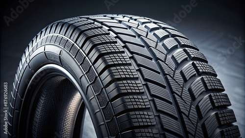 Close-up of a brand new black tire with deep tread pattern, perfect for winter driving , rubber, car, grip