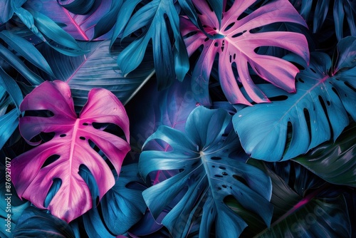 Colorful tropical leaves in vibrant hues of blue, pink, and green with a dark background