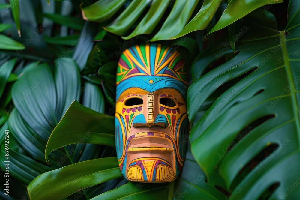 Colorful tiki mask over tropical leaves Colorful tiki mask over tropical leaves