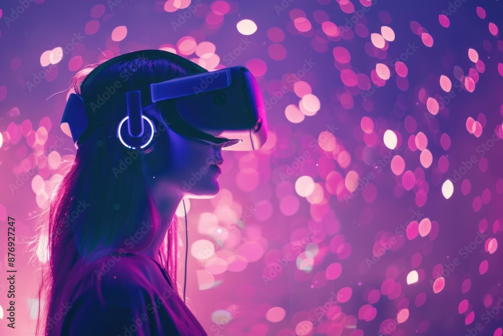 virtual reality technology. Woman wearing VR headset, sparkle background. silhouette with vr headset virtual reality technology. Woman wearing VR headset, sparkle background. silhouette with vr headset