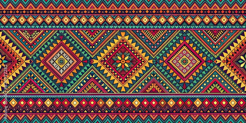 Seamless tribal print design with vibrant colors and intricate details, tribal, seamless, patterns, fabric, wallpaper Seamless tribal print design with vibrant colors and intricate details, tribal, seamless, patterns, fabric, wallpaper