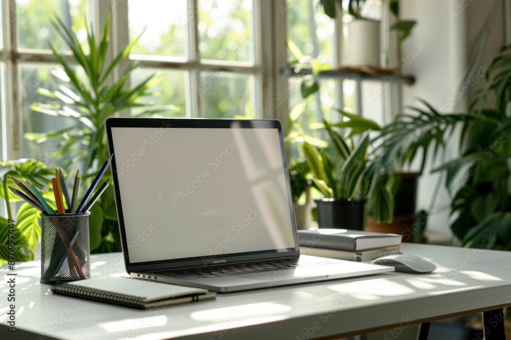 Fototapeta premium laptop with a blank screen, placed on a clean white desk. office setting