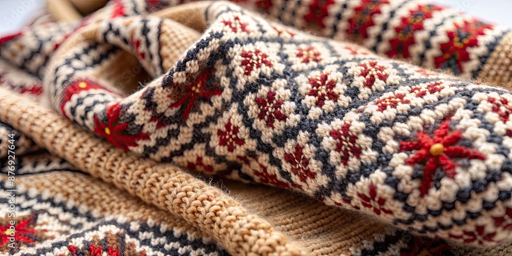 Close-up of knitted wool scarf with intricate Scandinavian patterns, knit, textile, fabric, cold weather, Nordic Close-up of knitted wool scarf with intricate Scandinavian patterns, knit, textile, fabric, cold weather, Nordic