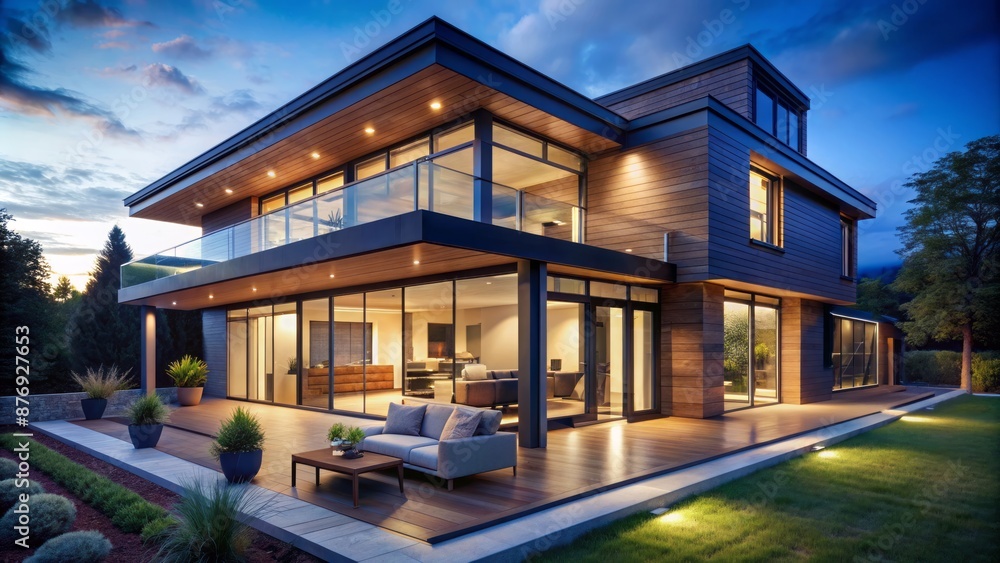 Warmly lit modern Australian residence with sleek lines and expansive windows glows against deep blue dusk sky backdrop. Warmly lit modern Australian residence with sleek lines and expansive windows glows against deep blue dusk sky backdrop.