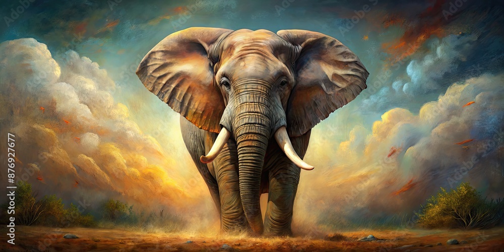 Fototapeta premium Majestic oil painting of a powerful elephant in rich textures and grandeur, majestic, strength, traditional, oil painting