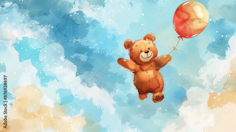 Joyful watercolor baby bear soaring through the sky, embracing adventure and love. Ideal for nursery decor, kids' parties, and birthday celebrations. Printable card and poster template. Joyful watercolor baby bear soaring through the sky, embracing adventure and love. Ideal for nursery decor, kids' parties, and birthday celebrations. Printable card and poster template.