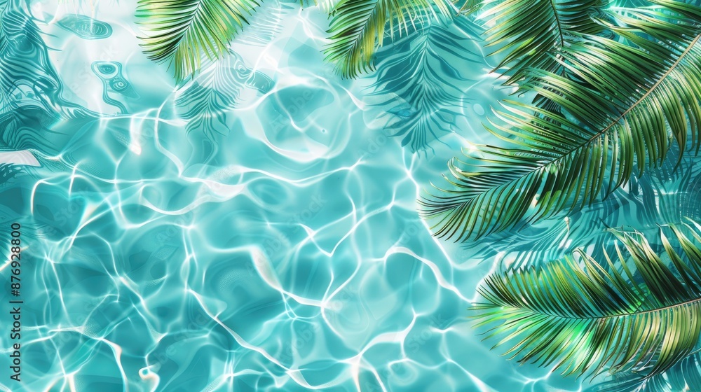 3D rendering of palm leaves shadow on the water surface in a swimming pool with a light blue background 3D rendering of palm leaves shadow on the water surface in a swimming pool with a light blue background
