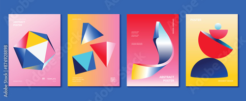 Modern gradient poster background vector set. Minimalist style cover template with vibrant perspective 3d geometric prism shapes collection. Ideal design for social media, cover, banner, flyer.