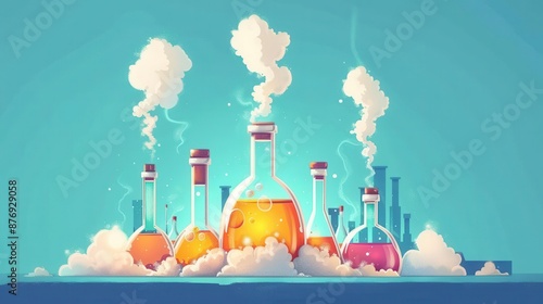 Explosive chemical experiment flat design, front view, smoke theme, cartoon drawing, colored pastel