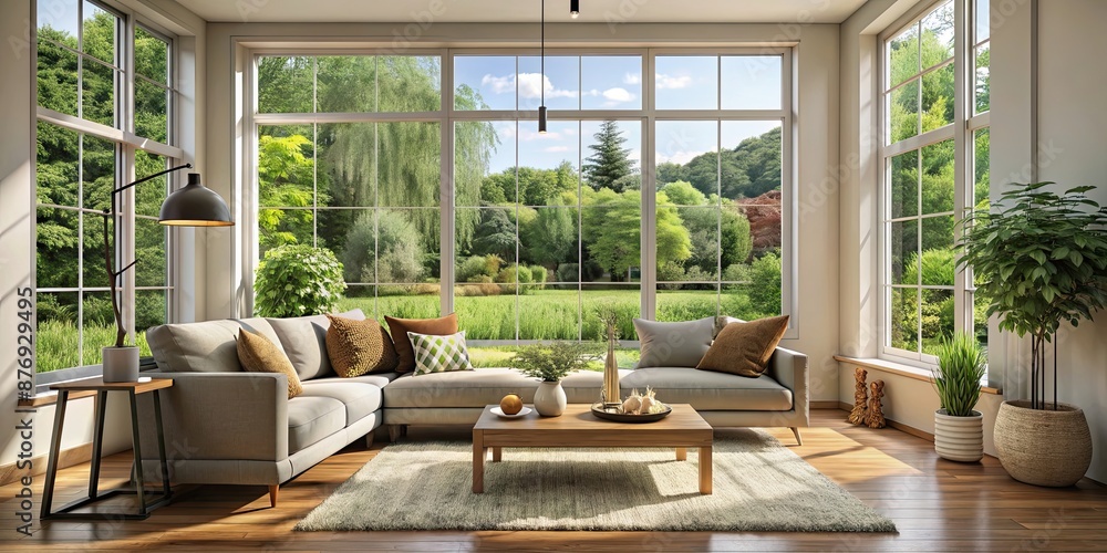 Fototapeta premium Cozy living room with a large window overlooking a garden, cozy, living room, window, interior design, home