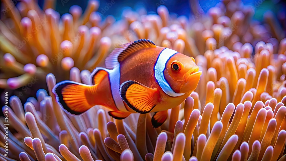 Close-up of a vibrant orange clown fish swimming among sea anemone, clown fish, Amphiprion percula, anemone, marine life Close-up of a vibrant orange clown fish swimming among sea anemone, clown fish, Amphiprion percula, anemone, marine life