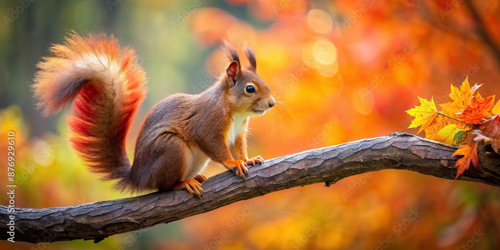 Red squirrel with fluffy tail perched on a tree branch in colorful autumn forest , red squirrel, fluffy tail, tree branch, colorful Red squirrel with fluffy tail perched on a tree branch in colorful autumn forest , red squirrel, fluffy tail, tree branch, colorful