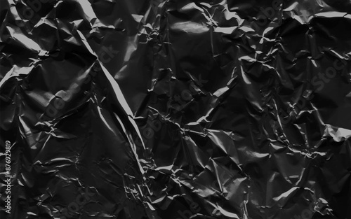 Abstract transparent plastic wrap wrinkled texture on black background. Vector illustration vinyl, texture overlay effect of an old cover with defects and scuffs. Wrinkled, torn and old packaging.