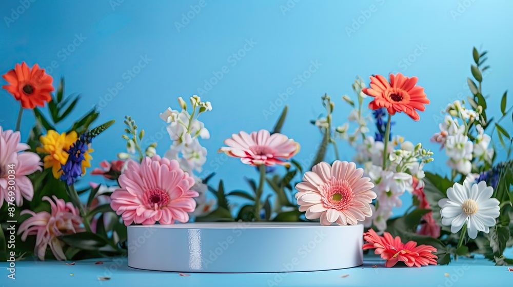 Colorful Flowers Around a White Cylinder on Blue Background Colorful Flowers Around a White Cylinder on Blue Background