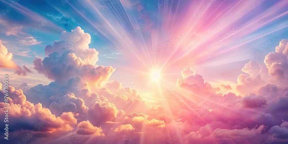 Dreamy sky with pink clouds and sun rays shining in pastel colors, pink ...