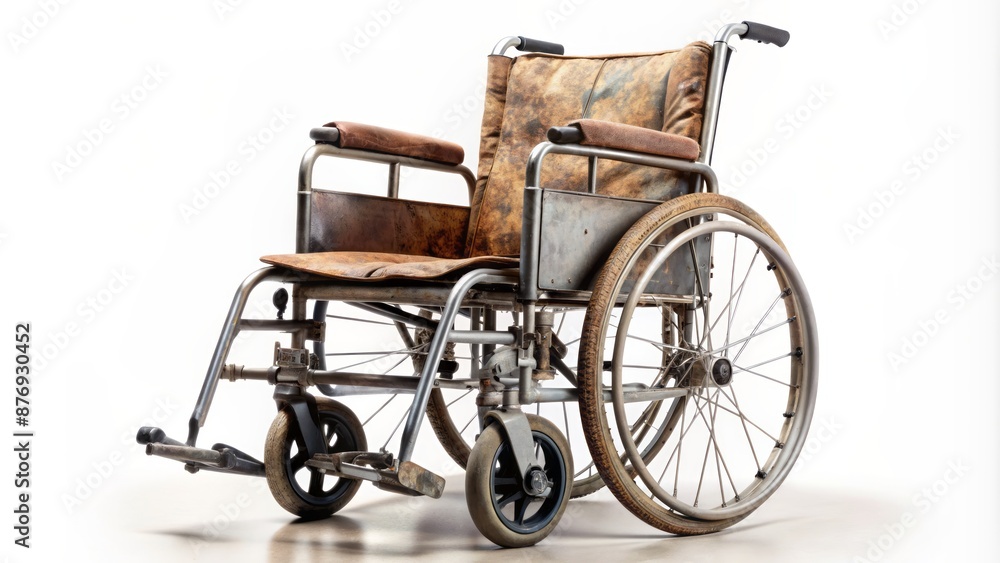 Fototapeta premium A worn, leather-bound wheelchair armrest grasps a lone, worn wooden cane, symbolizing resilience amidst physical limitations.