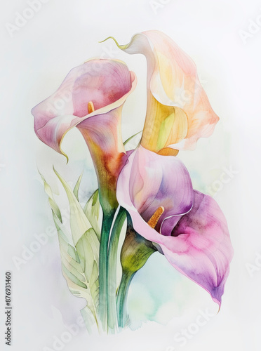 Watercolour painting of purple calla lily flowers on white background, Elegant spring flower, pastel tone, illustration poster