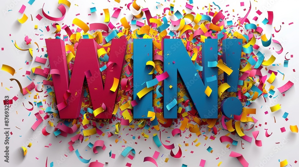 Dynamic three-dimensional WIN letters accompanied by a burst of colorful confetti and streamers on a white background, celebrating success and achievement enthusiastically. Dynamic three-dimensional WIN letters accompanied by a burst of colorful confetti and streamers on a white background, celebrating success and achievement enthusiastically.